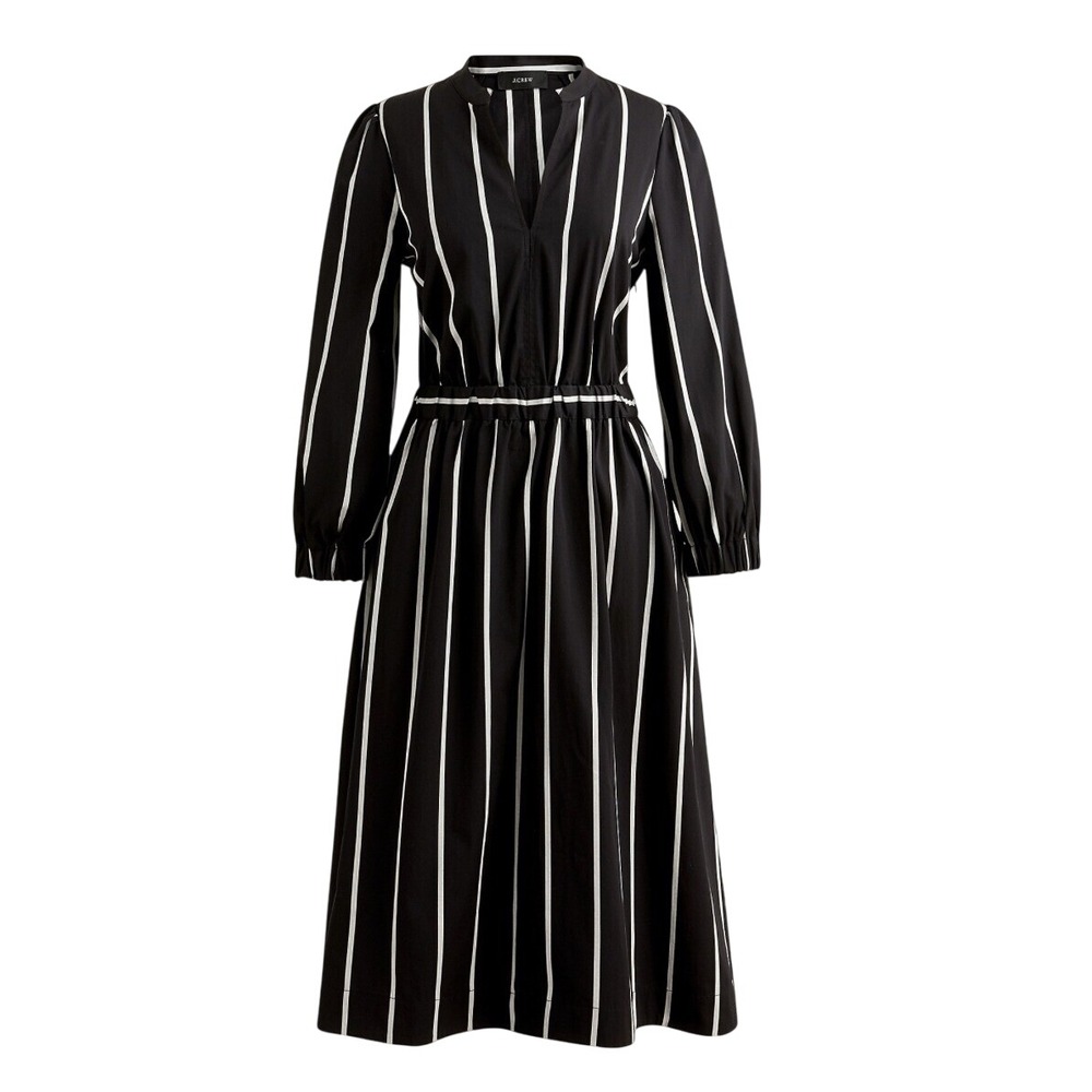 J. Crew Dress Midi Poplin Cinch Waist Women Small Black White Stripe Long Sleeve